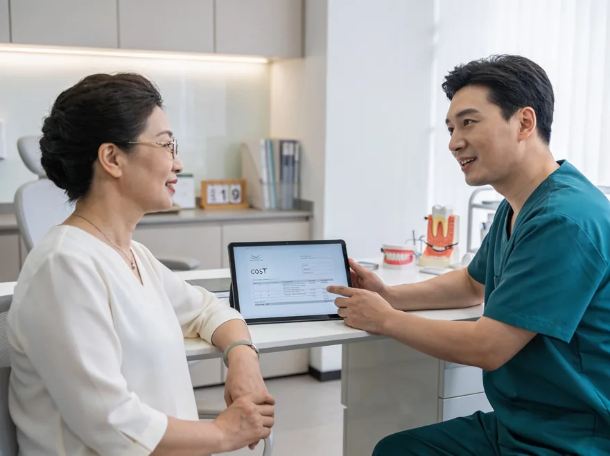 Praticien expliquant un devis et le reste à charge à un patient